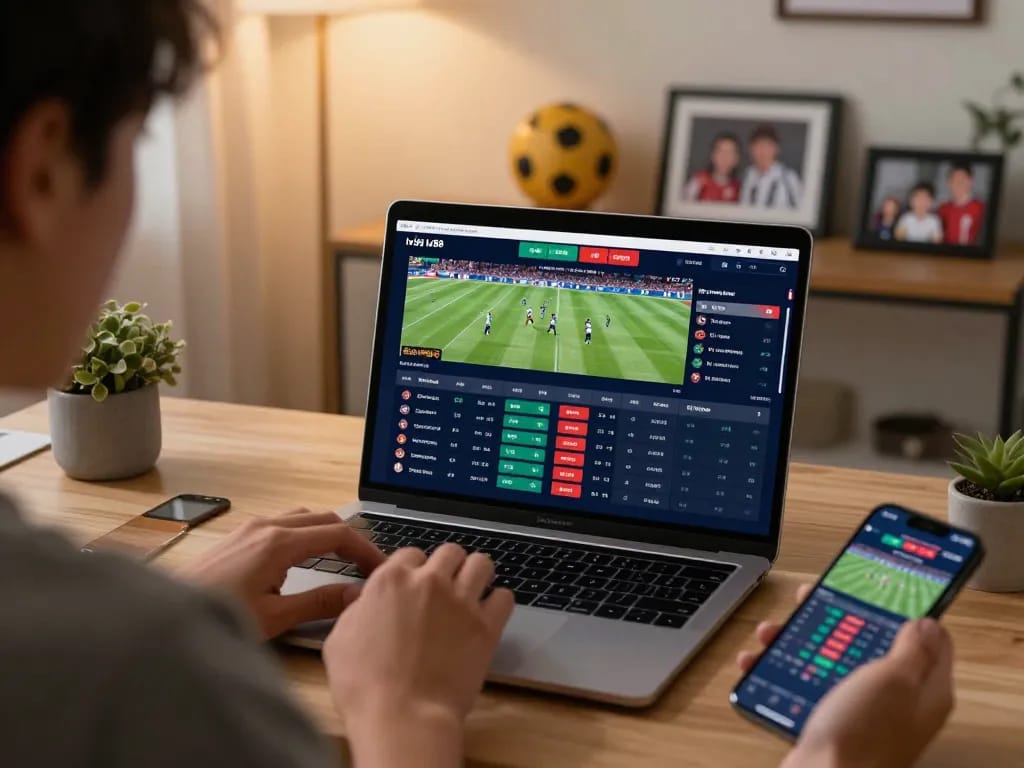 Engage in exciting online sports betting with nhà cái lv88 on a laptop, capturing live scores and bets.