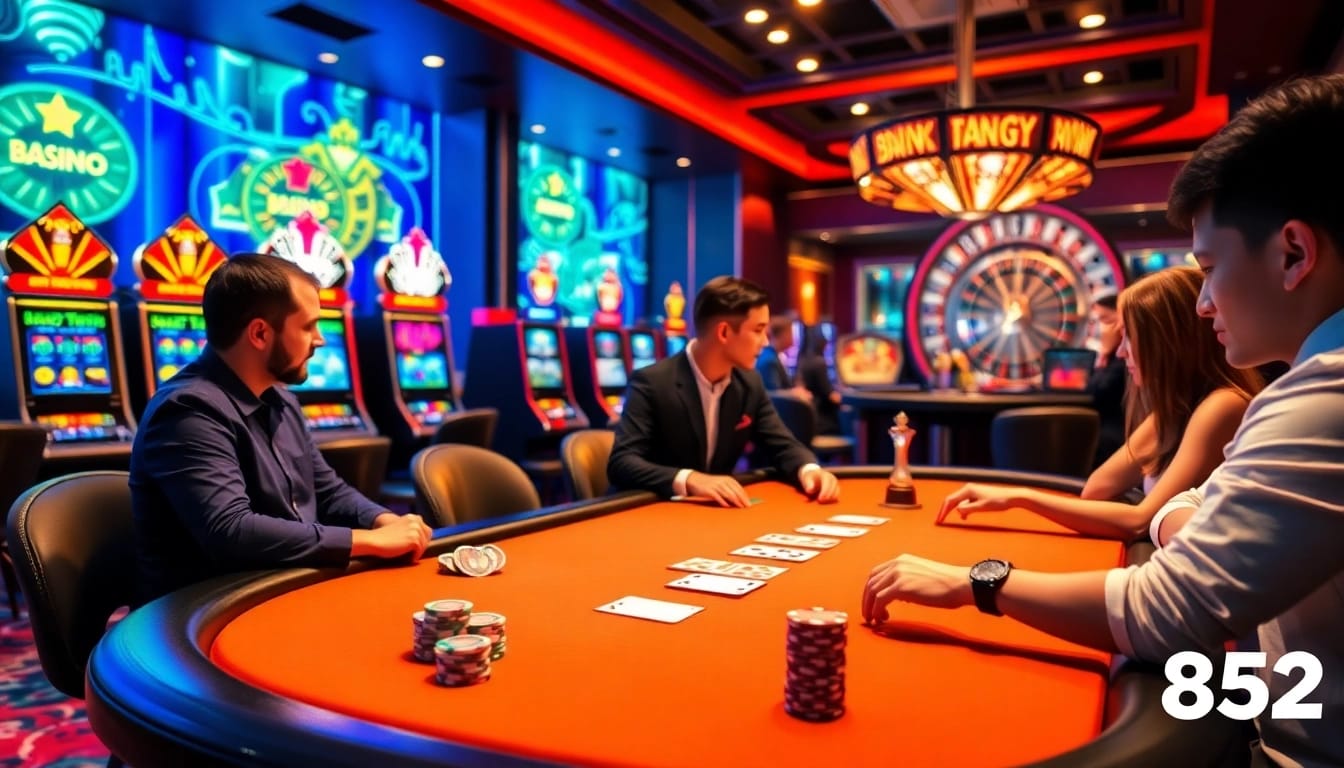 Players enjoying a thrilling poker game at B52, with vibrant casino elements and professional dealer.