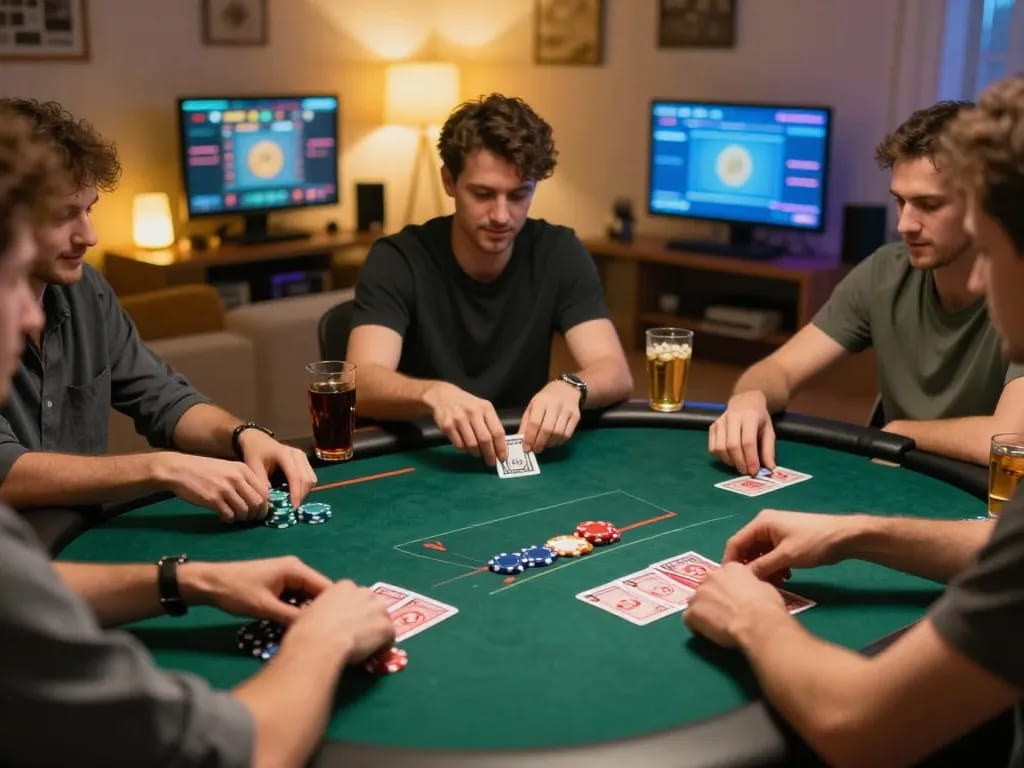 MM88 TODAY features players engaged in online poker strategy in a cozy home setting, enhancing social gameplay.