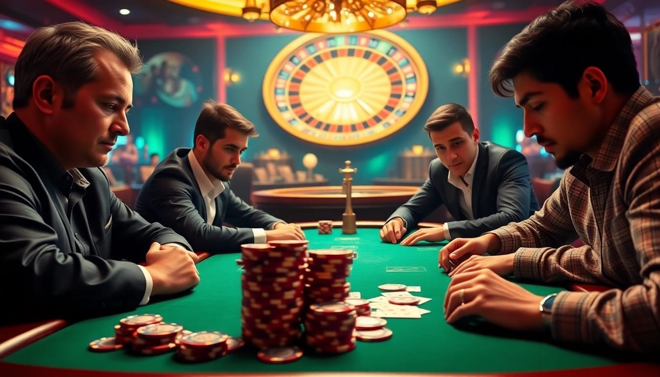 The intense poker game scene at https://9bet41.com/, showcasing luxury, strategy, and high stakes with polished chips and vibrant cards.