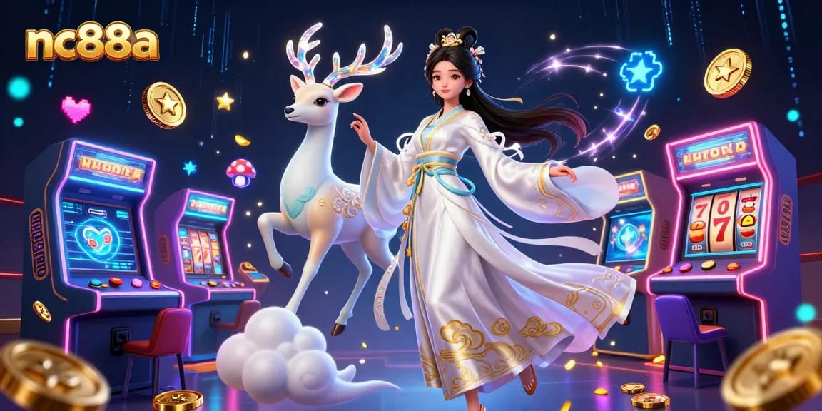 Spin and win with nc88a at this dynamic casino-themed illustration featuring colorful slots and characters.