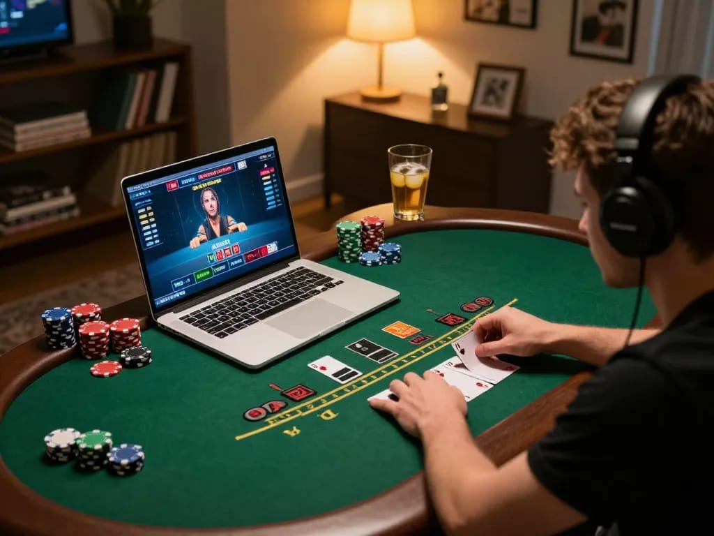 Player enjoying a live dealer blackjack game at uu88 casino, with chips and drinks at their side
