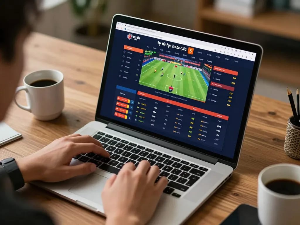 Tỷ lệ kèo nhà cái 5 displayed on a laptop during online sports betting analysis.