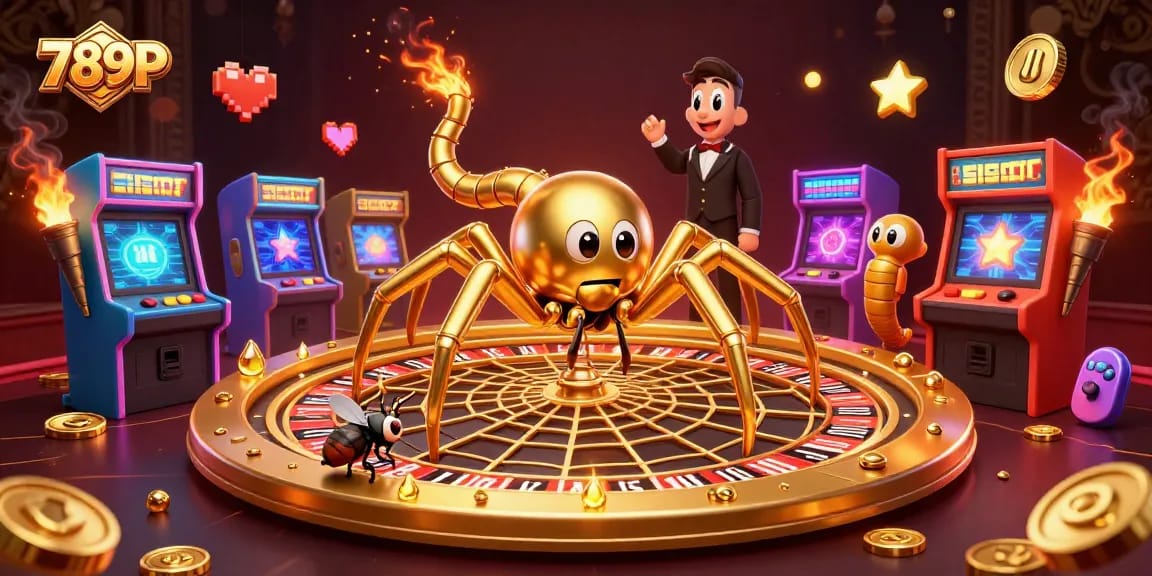 Experience the thrill of betting at 789P within a lavish gaming scene featuring a roulette spider and energetic elements.