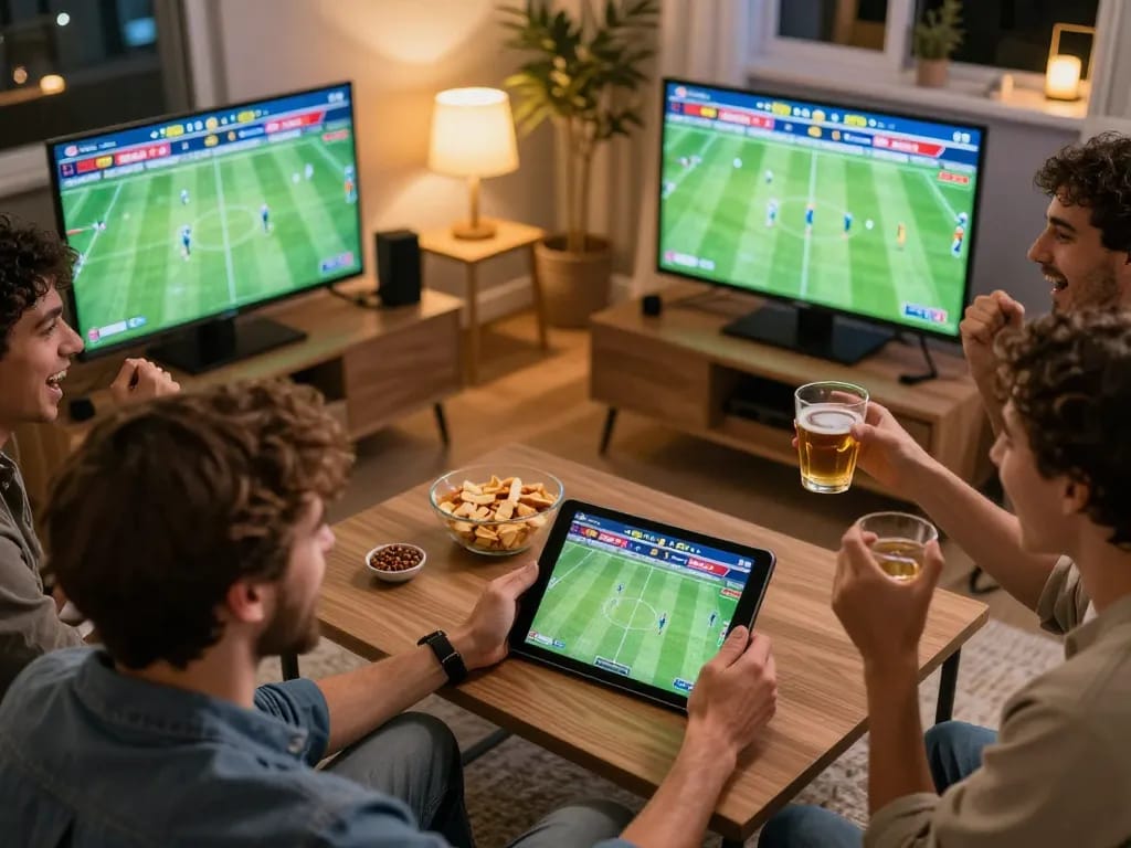 View of friends enjoying xem trực tiếp bóng đá while placing bets on their devices in a cozy home atmosphere