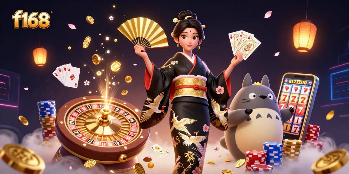 Experience the thrill of f168 online gaming with vibrant casino elements and dynamic character illustrations.