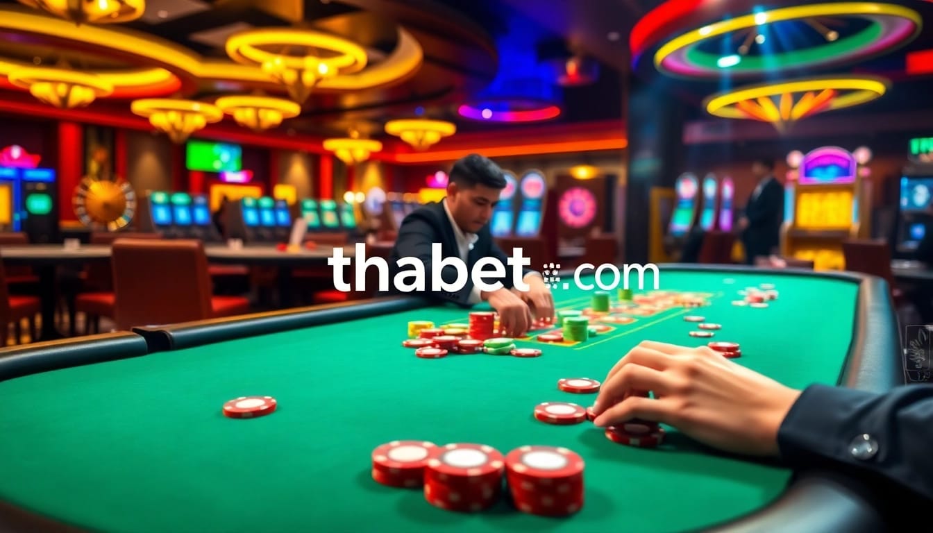 Experience the excitement of thabet com at a vibrant poker table in a luxurious casino setting.