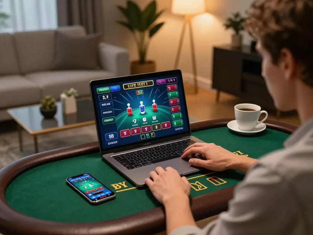 F168 player engaging in live dealer blackjack on a laptop in a stylish home setup
