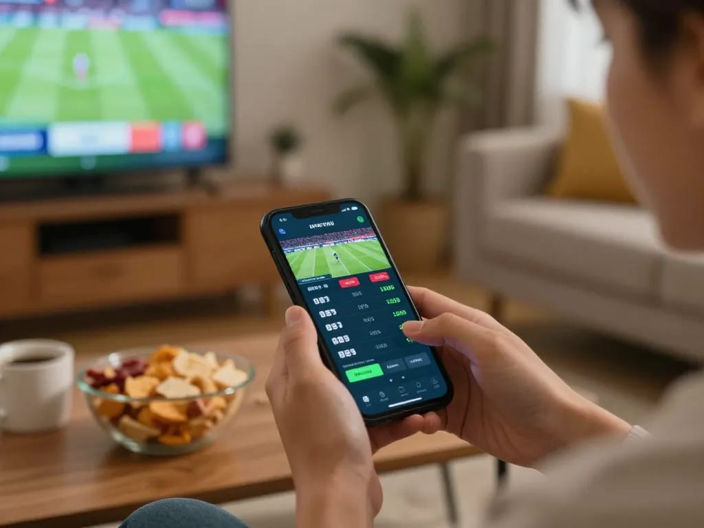 Engaging in sports betting with nhà cái 789win on a smartphone at home, enhancing the experience.