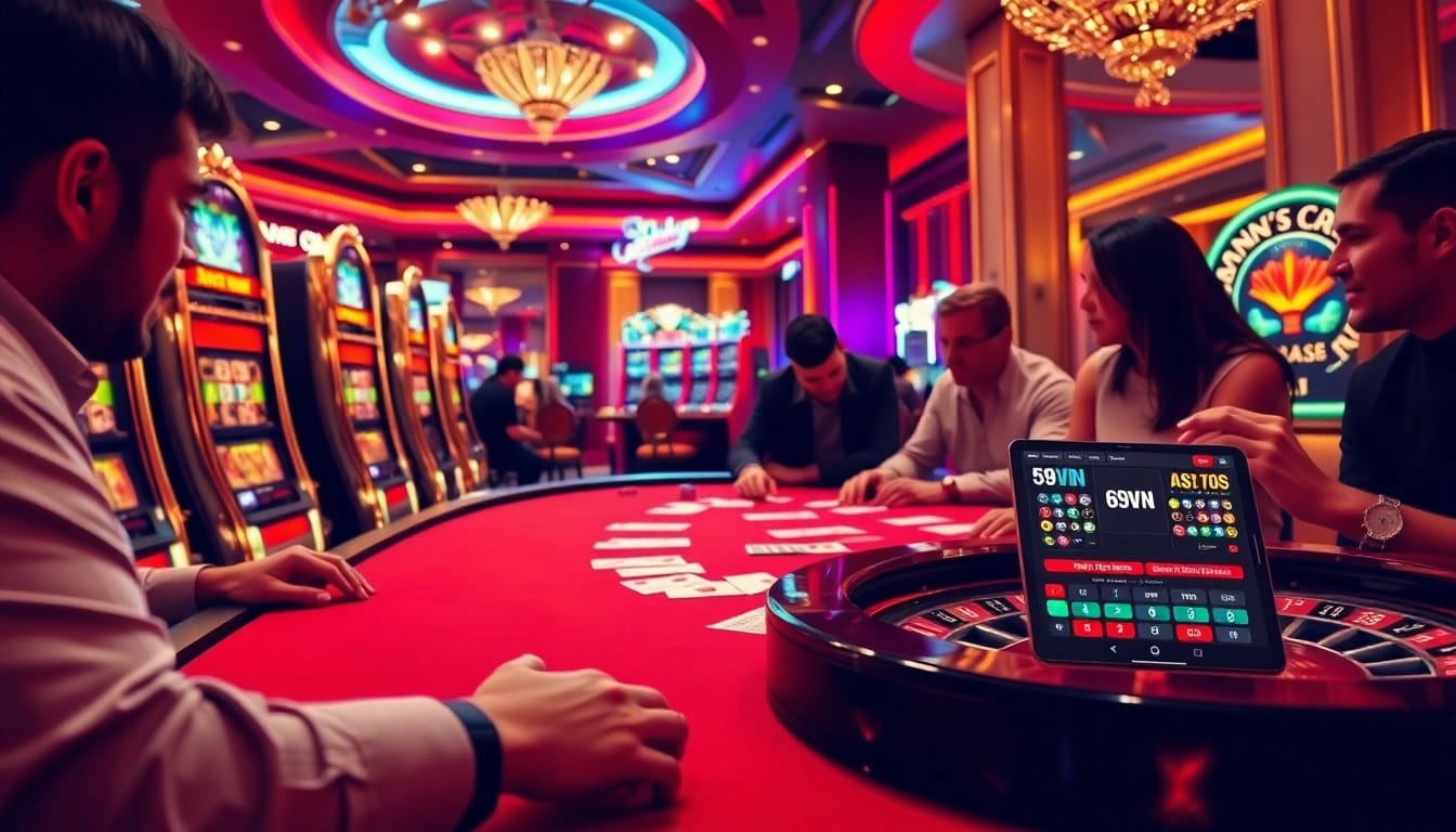 Experience the thrill of gambling with 69VN in a luxurious casino setting featuring vibrant games and poker tables.