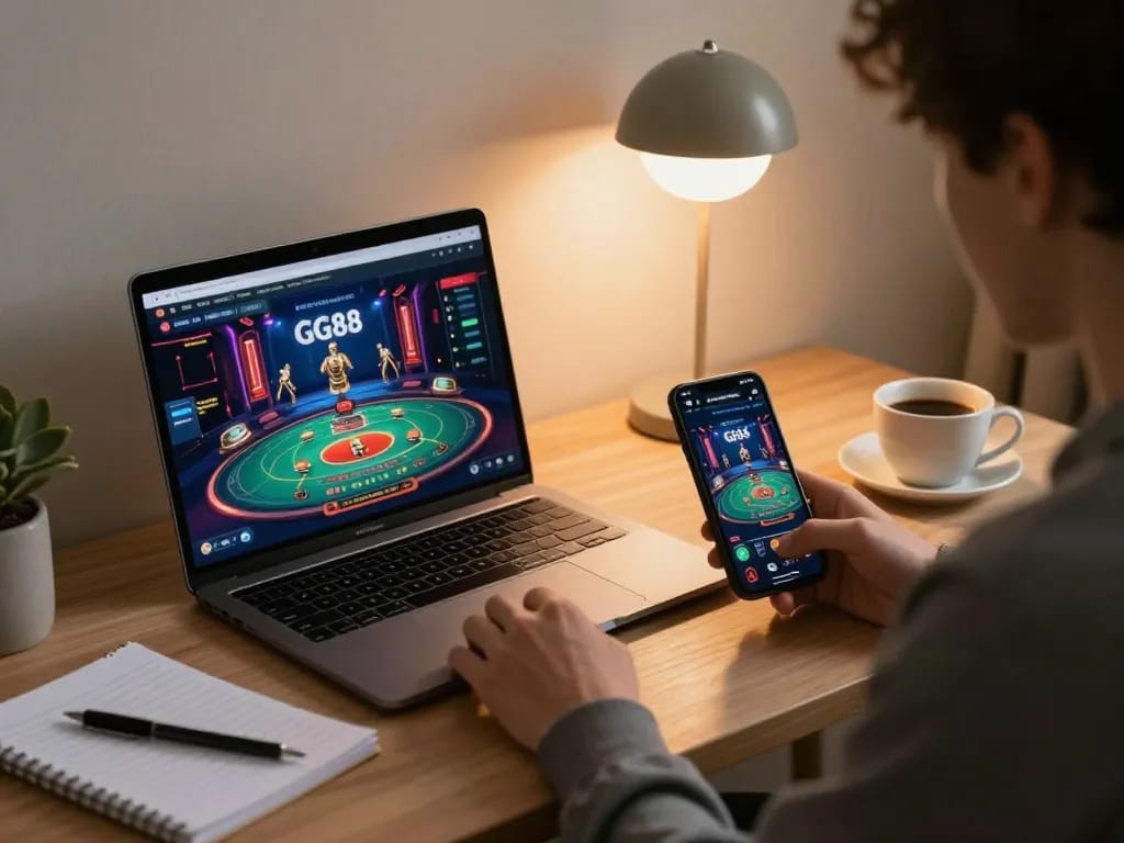 Engaged user playing GG88 online casino game, focused on strategy and betting with a warm, inviting atmosphere.