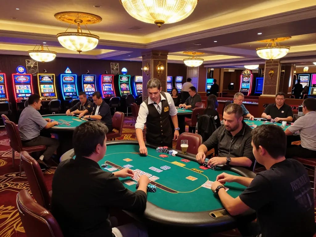 Players enjoying MK8 blackjack game, showcasing strategy and excitement in a vibrant casino setting.