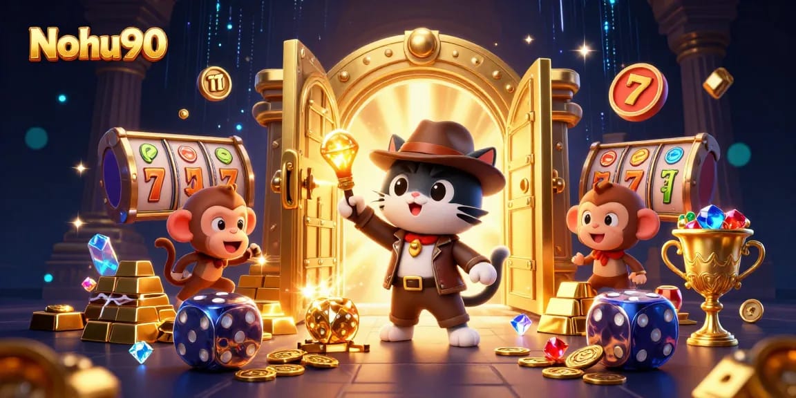 Nohu90 engages with vibrant slot action, featuring golden treasures and playful characters.
