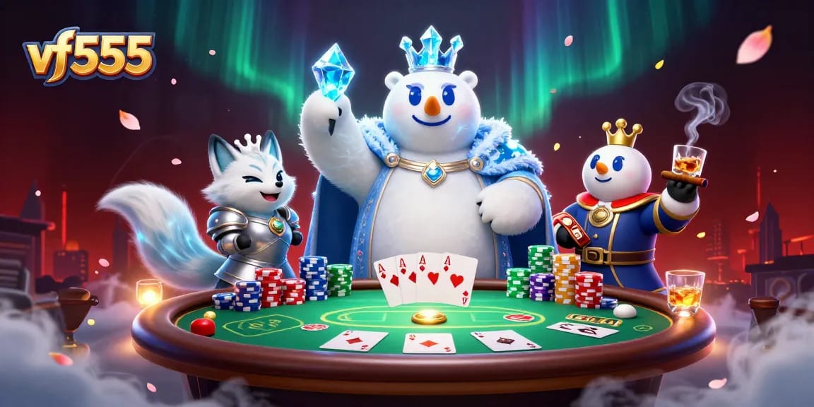 Experience the thrill of vf555 with a dynamic casino scene featuring a polar bear and snow fox.