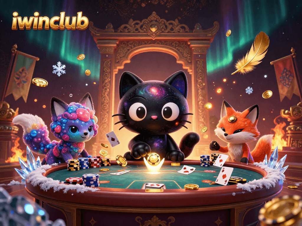 Iwinclub showcases a captivating cosmic blackjack scene with vibrant characters and gambling elements.