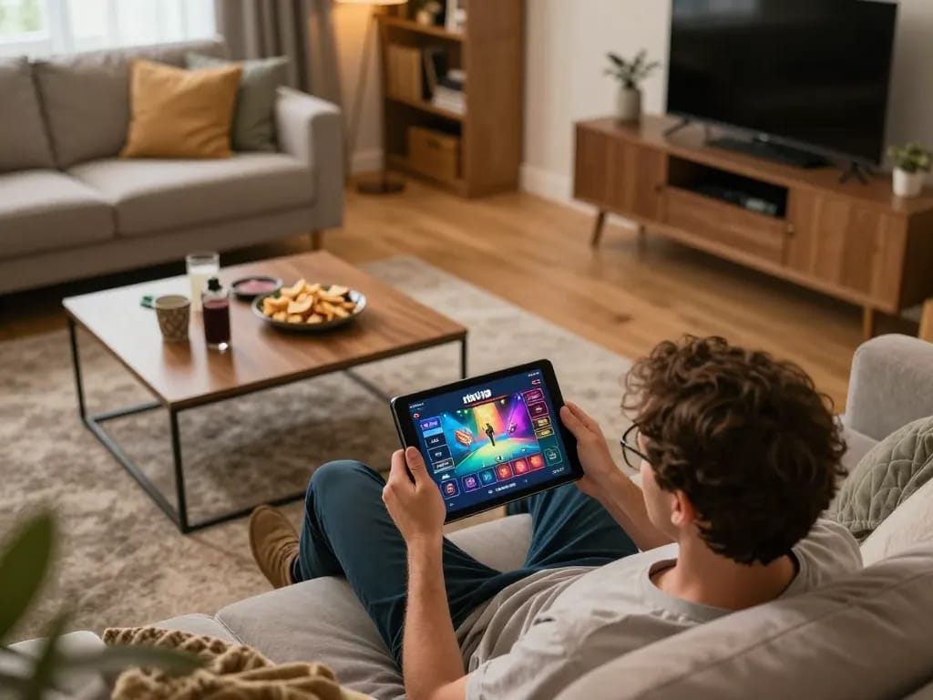 Person engaged in rikvip đăng nhập on tablet in cozy home gaming setup with snacks and drinks