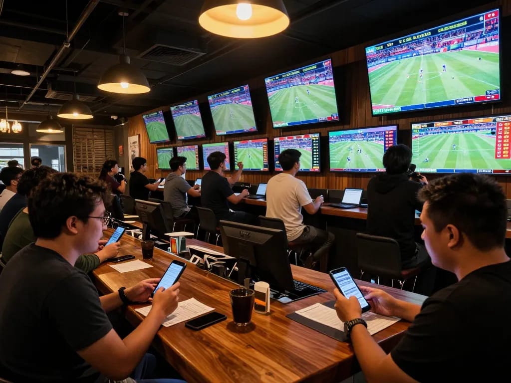 Engaged bettors analyzing kèo nhà cái trực tiếp in a lively sports bar with multiple screens.