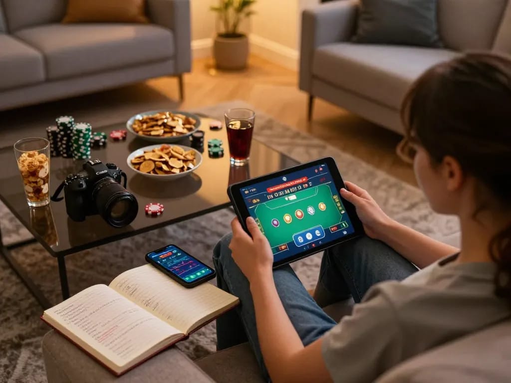 Engaged player enjoying online poker on a tablet, showcasing the excitement of link qq88 gaming at home.