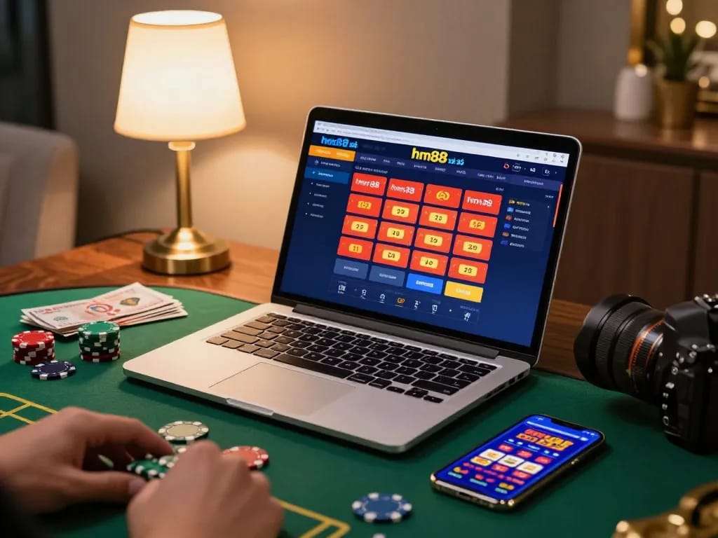 Engaging setup for hm88 xổ số online game with vibrant visuals and gaming accessories.