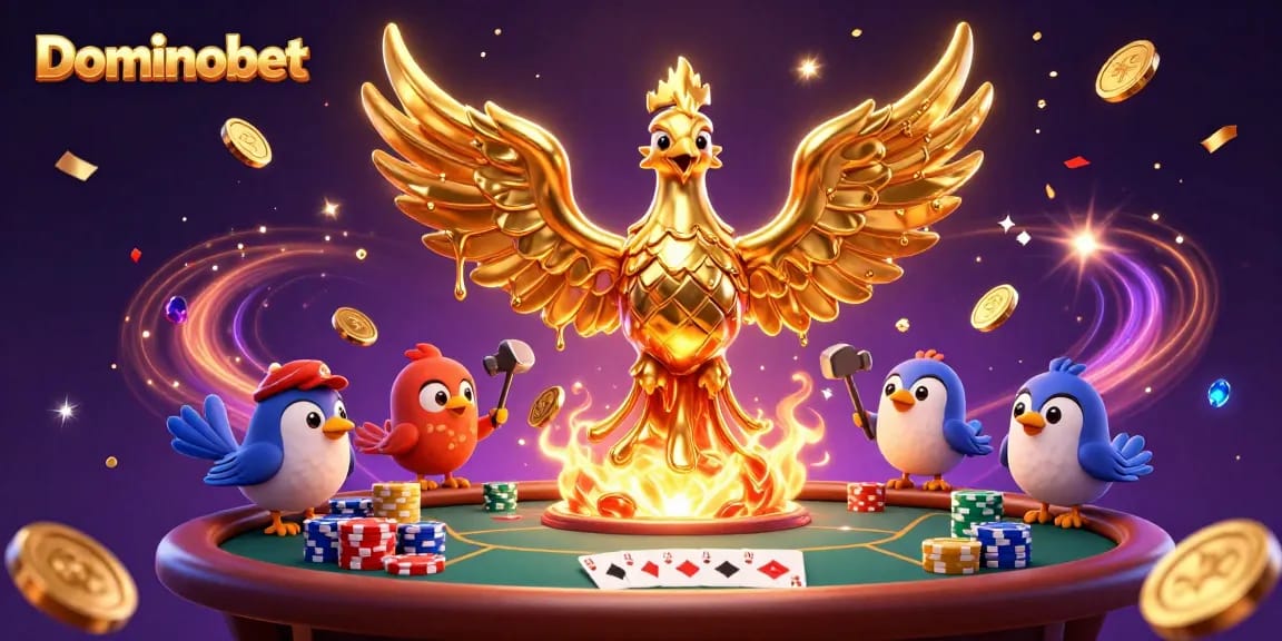 Win big at Dominobet with a golden phoenix and poker excitement in a lively 3D casino scene.