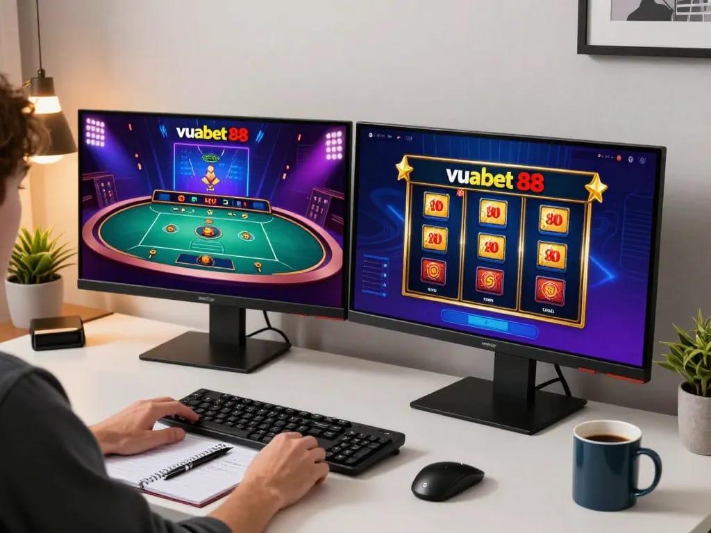 Engaging scene of online gaming with vuabet 88 showing live dealer action and slots, creating an exciting atmosphere.