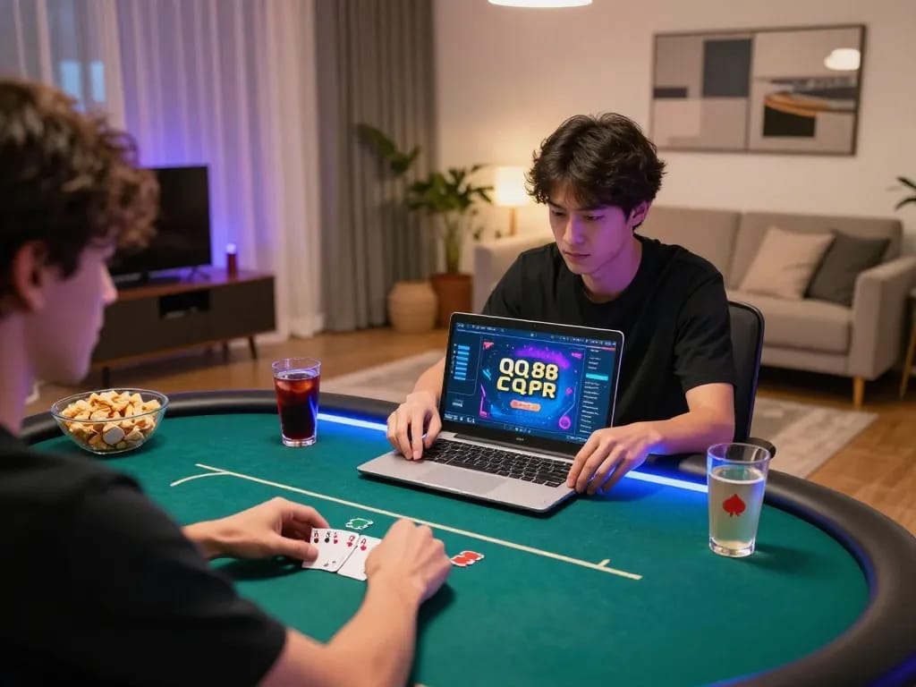 Playing poker online with QQ 88 on a laptop, showcasing a vibrant home gaming atmosphere.
