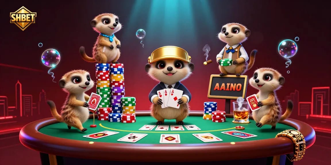 SHBET meerkats showcase thrilling casino action with vibrant poker gameplay in a dynamic scene.