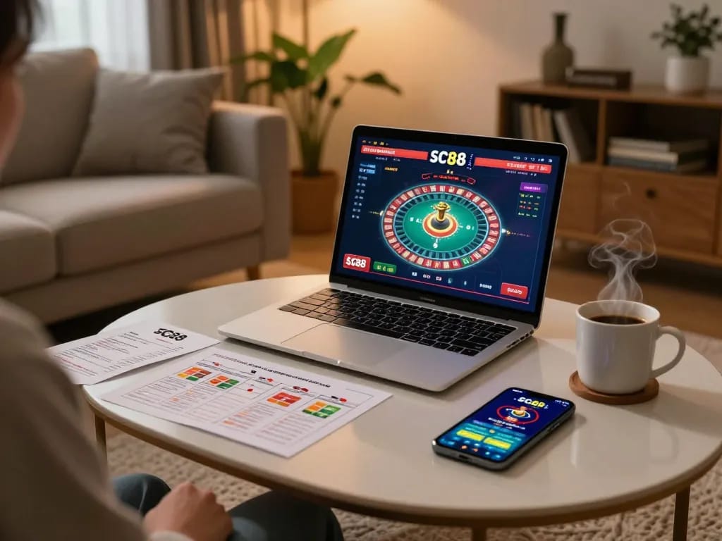 Person engaging with SC88 online casino game on a laptop in cozy home environment.