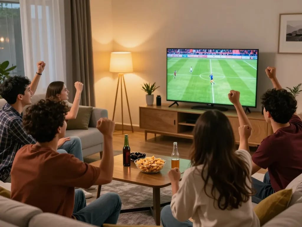 Viewers enjoying xem trực tiếp bóng đá in a lively living room atmosphere with snacks and excitement.