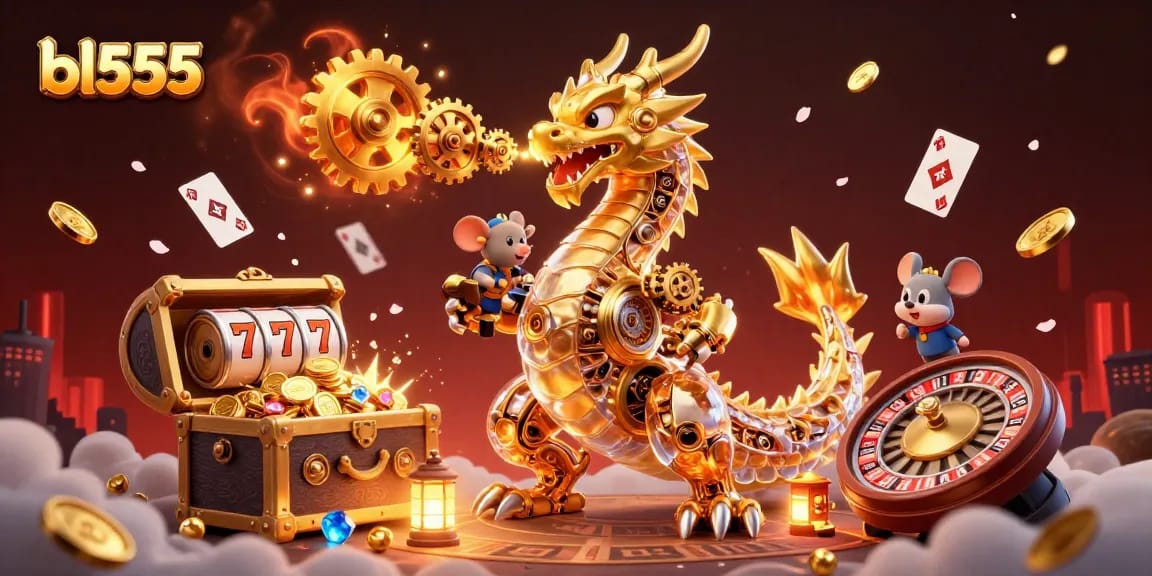 Experience the excitement of casinos with bl555 featuring a golden dragon, coins, and vibrant game elements.