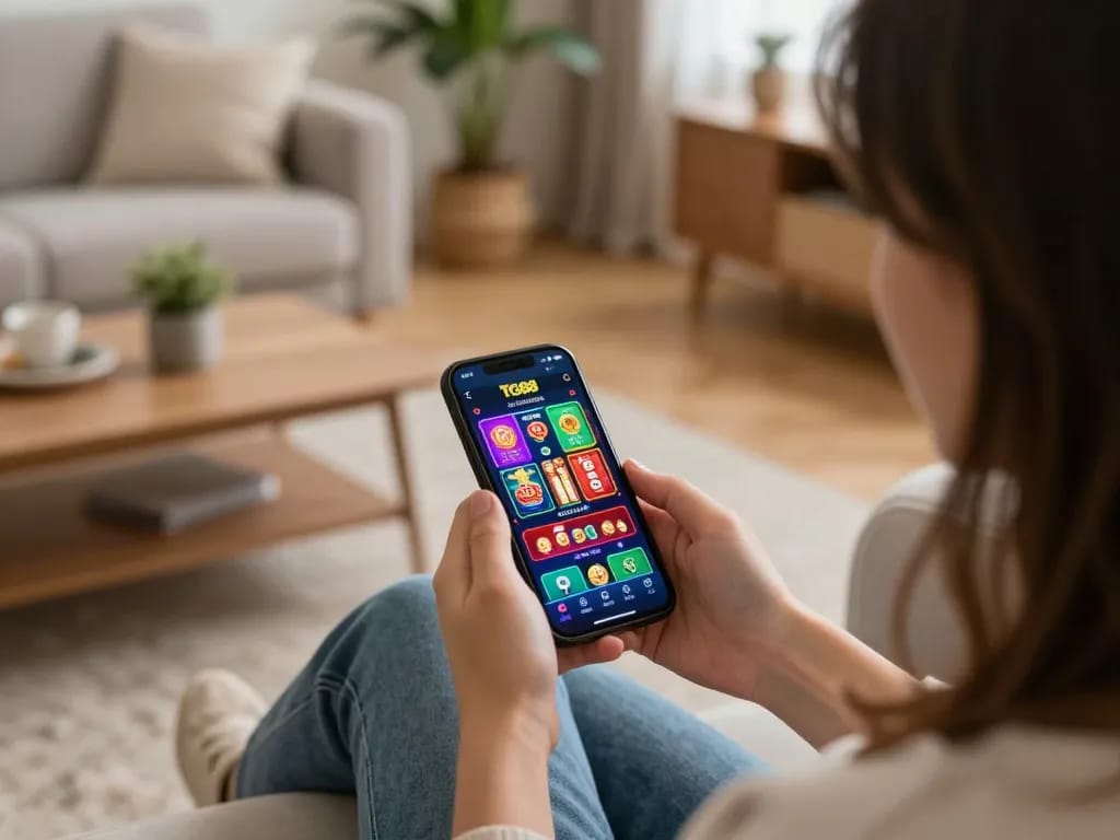 TG88 app interface actively engaged on smartphone during home gambling game session