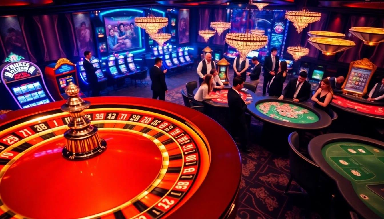 A thrilling online gambling scene at https://68vip.co/ featuring roulette, slot machines, and enthusiastic players.