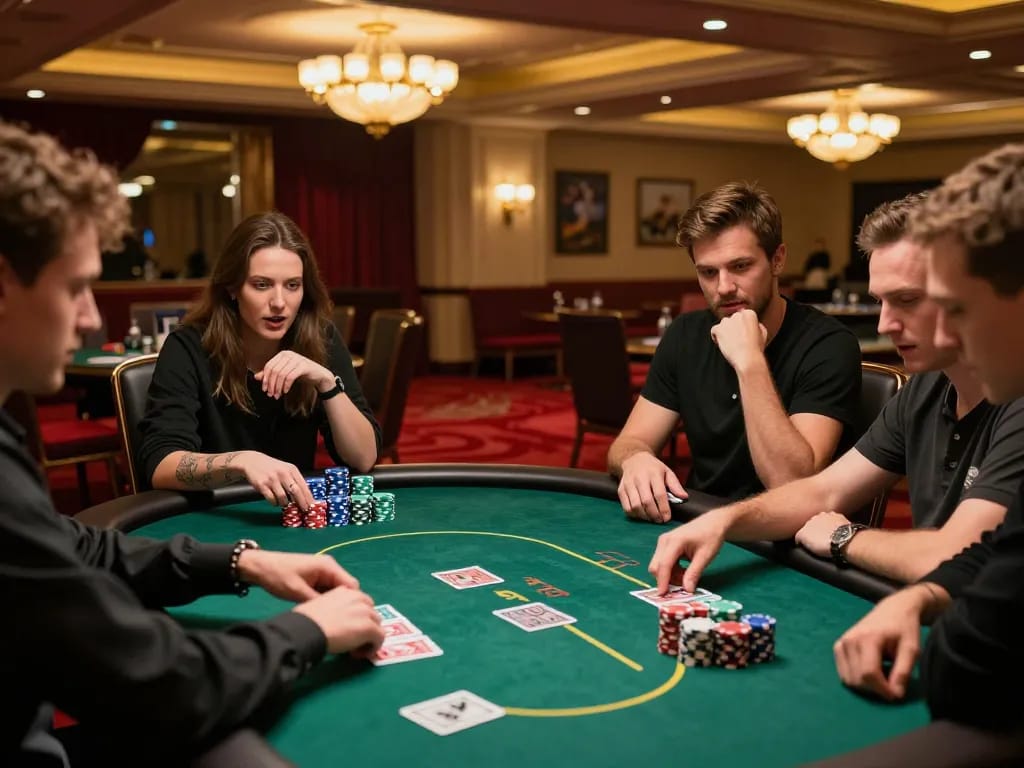 Players at 789BET poker table strategizing as dealer shuffles cards, showcasing the excitement of the game.