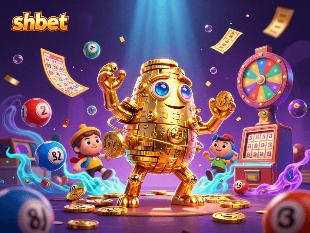Engage with shbet’s vibrant gaming world, featuring an animated golden golem and dynamic lottery elements.