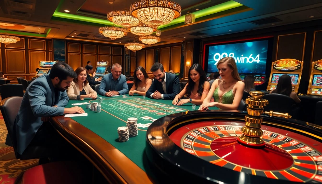 Gamblers enjoying a lively scene at the casino, emphasizing excitement with 98win64 features.