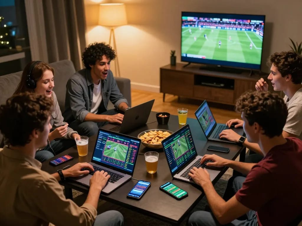 Engaged friends strategizing sports bets while enjoying a lively home gaming atmosphere at mb668