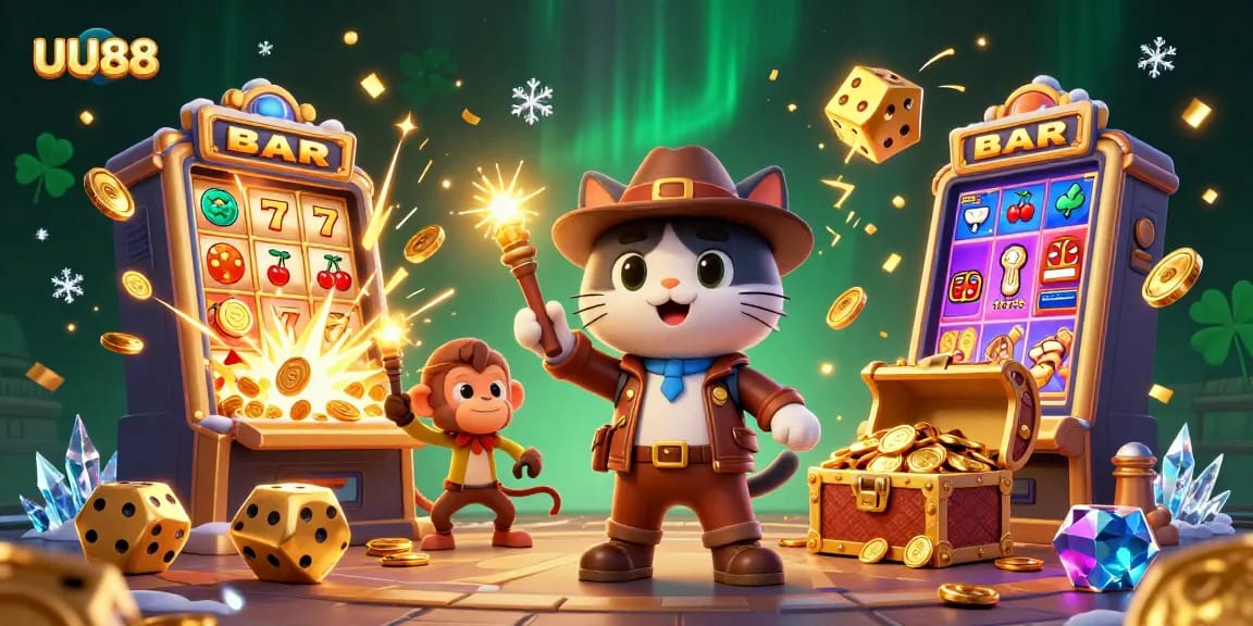 Experience thrilling wins at UU88 with vibrant casino elements and playful characters in a 3D scene.
