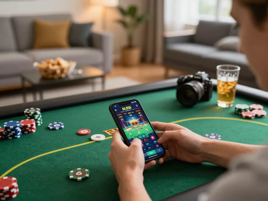 Player enjoying mobile gambling experience at BL555 with smartphone displaying poker game interface