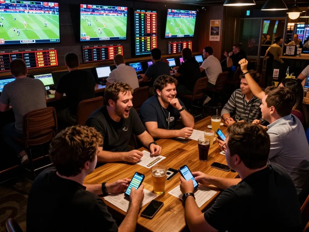 Fabet sports bettors cheering and placing bets in a lively sports bar.