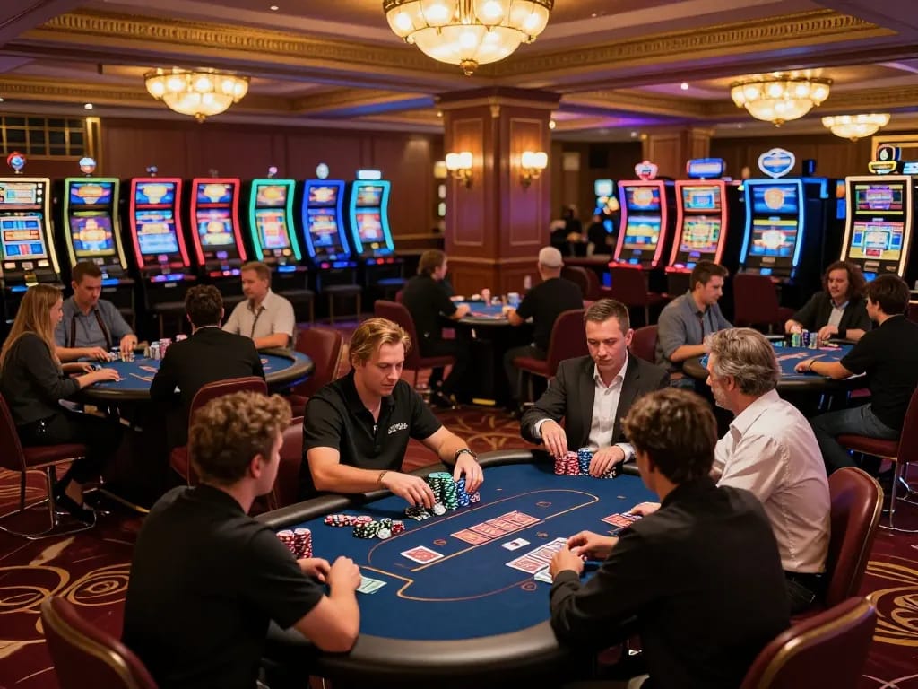 C168 com players enjoying dynamic poker games at a luxurious casino with vibrant lighting.