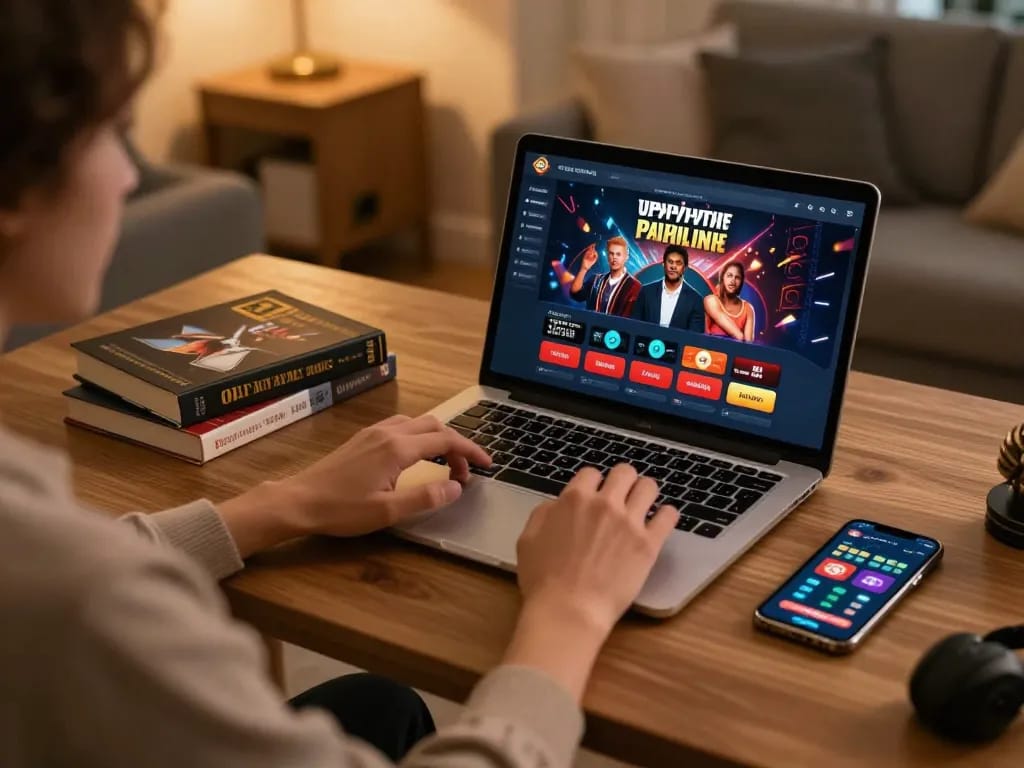 Experience online gambling at https://lc88.bio/ with an inviting home gaming setup, featuring strategic books and betting apps.