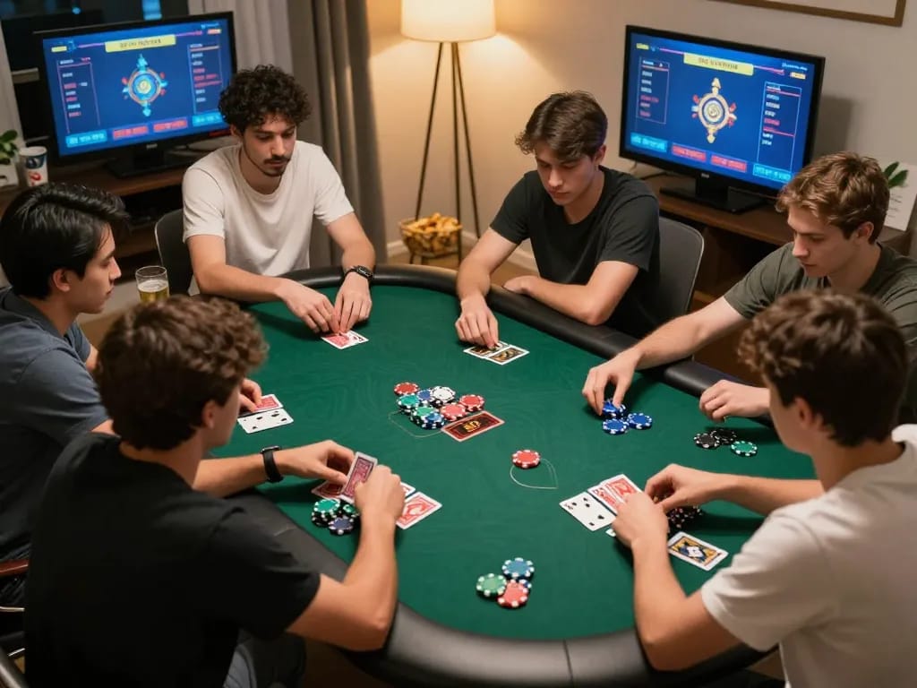 The online gaming atmosphere at nhà cái KP88 showcases players strategizing over poker games.
