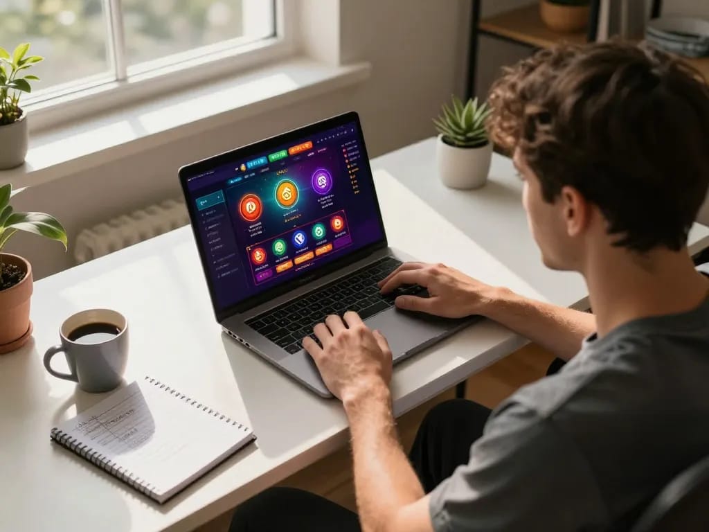Engaging with Go88 online casino interface at a stylish desk, showcasing a modern gaming setup.