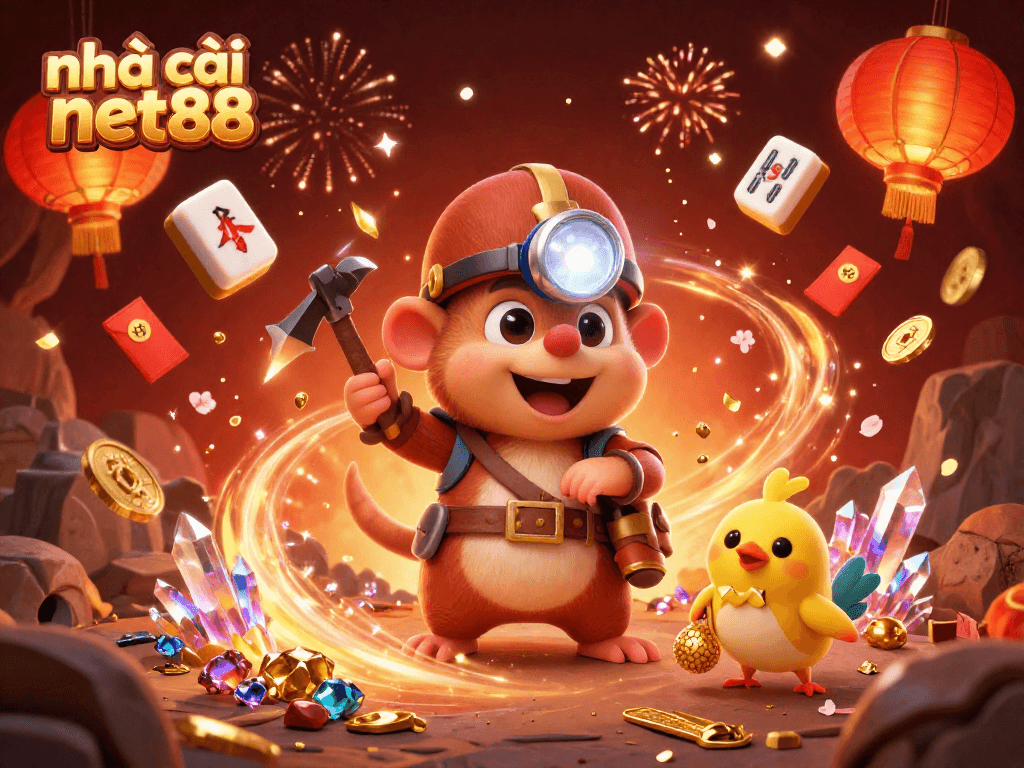 Join the fun at nhà cái net88 with a treasure hunter mole and golden treasures in a vibrant casino scene.
