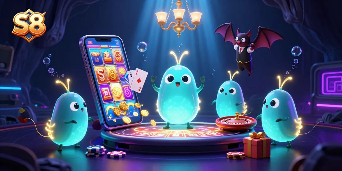 S8 casino adventure featuring glowworms illuminating a cave casino scene with a bat dealer, slot games, and golden coins.