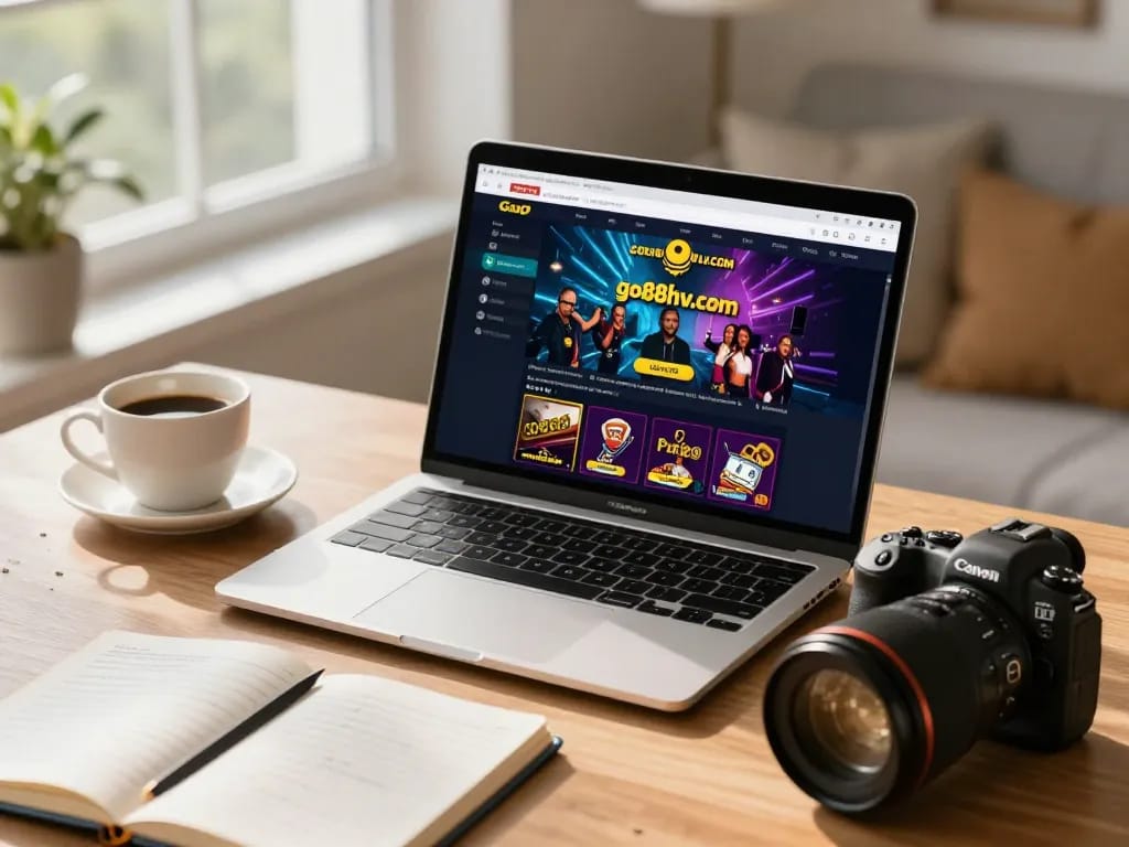 A person engaging in online gaming at go88hv.com, showcasing a modern setup with a laptop and cozy ambiance