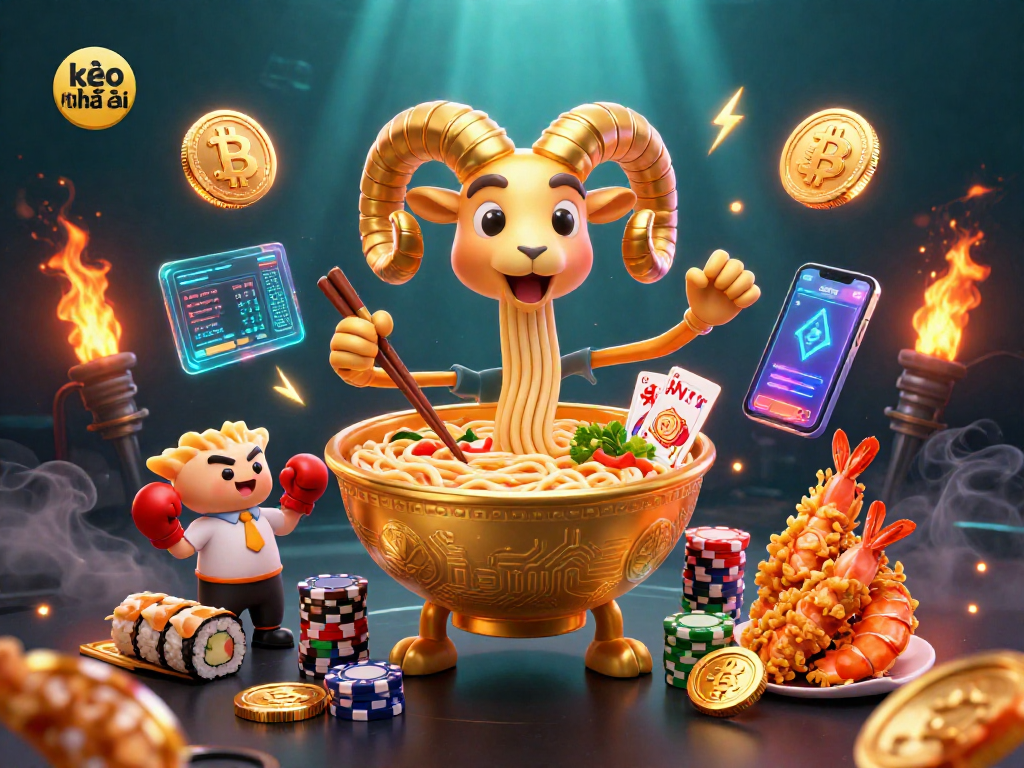 Engage with kèo nhà cái in a vibrant casino-themed 3D illustration with energetic characters and crypto elements.
