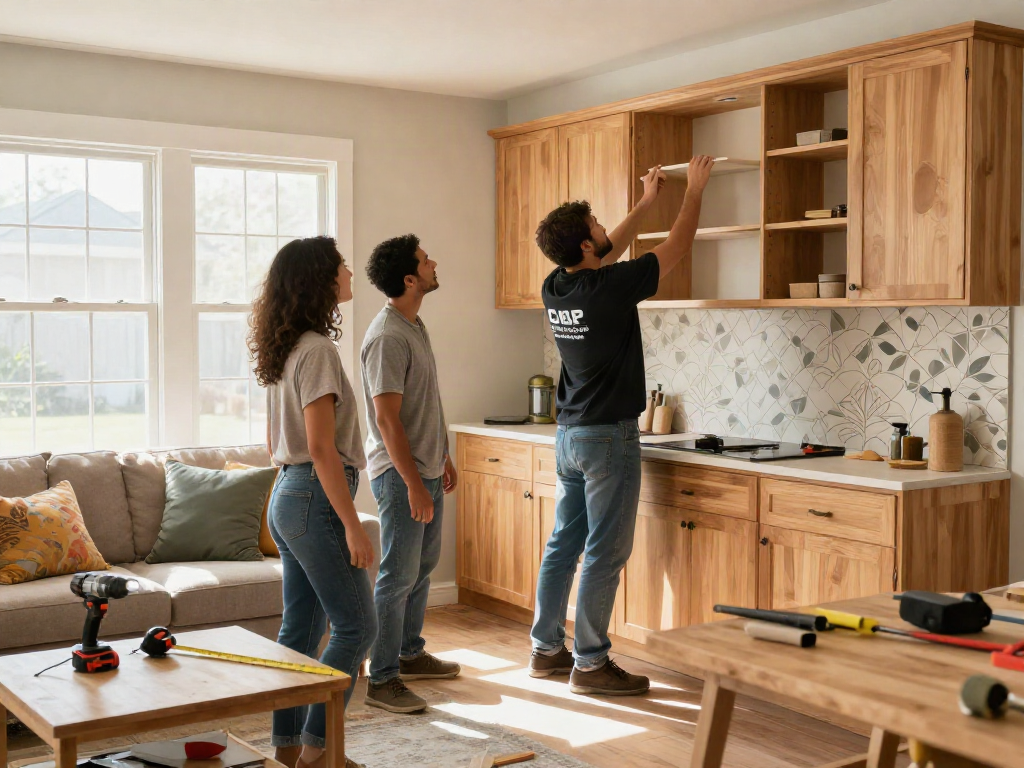 Home repair services Des Moines Iowa with skilled tradesperson installing cabinetry in cozy living room.