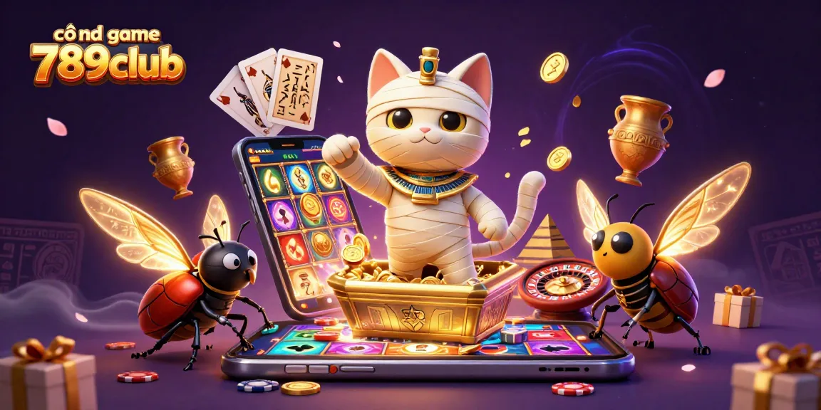 Experience the excitement of cổng game 789club with an animated mummy cat and a scarab beetle in a dynamic casino scene.