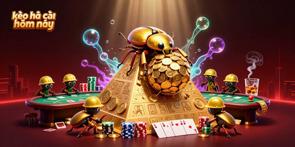 Engage with kèo nhà cái hôm nay while seeing a golden dung beetle and poker elements in a vibrant 3D scene.